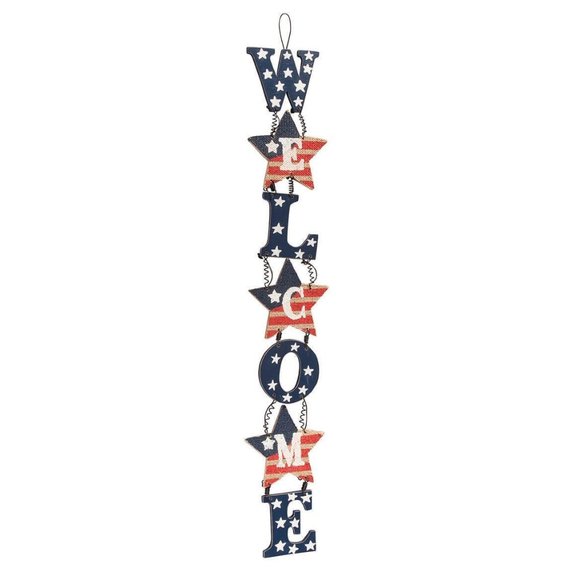 WELCOME Patriotic Door Hanger Wood Letters Star Americana Burlap Holiday NEW - Picture 1 of 2